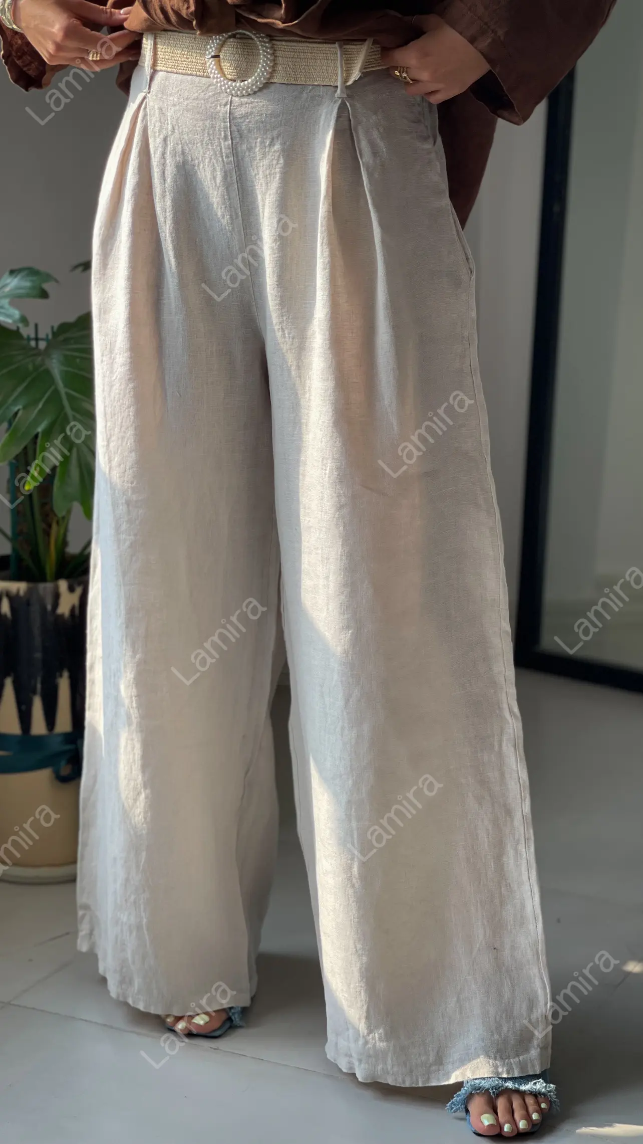 شلوار لینن ایتالیایی کمربند مرواریدی